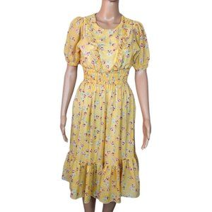 Vintage Floral midi dress Peasant prairie Sze 10 yellow ruffled hem tiered